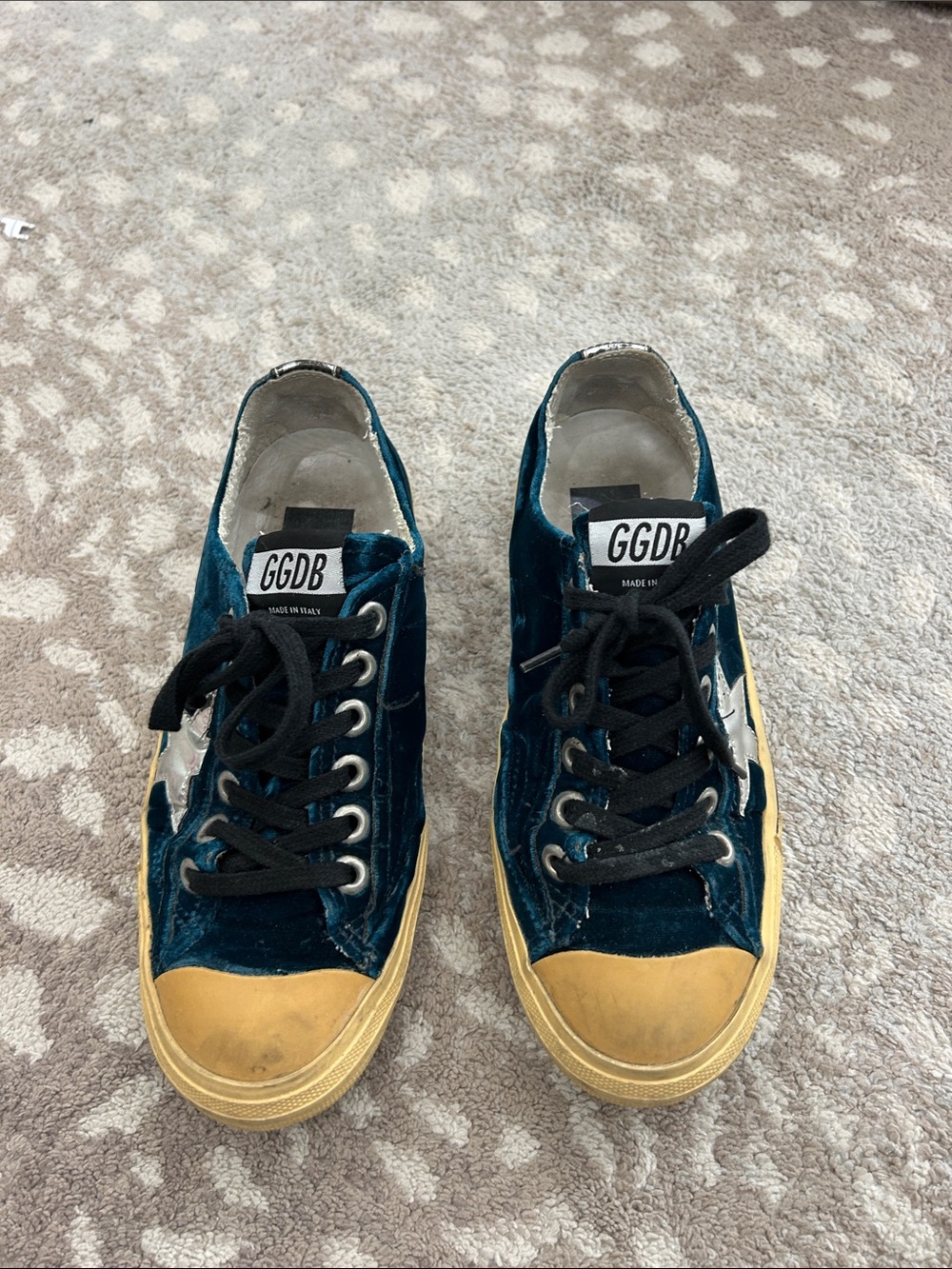 Golden Goose Teal Velvet Low-Top Sneakers with Yellow Sole